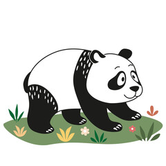 Panda walks on a green meadow. Vector illustration with animals in cartoon style. Baby bear on grass. Drawing isolated on white background. Cute wild character for kids books illustrating, zoo.
