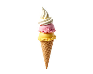 Delicious Trio, A Bright, Detailed Photograph Showcasing a Tower of Strawberry, Vanilla, and Yellow Ice Cream Cones Against a Clean Backdrop