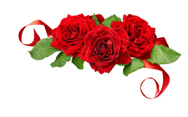 Red rose flowers and satin ribbon in a corner festive arrangement isolated on white or transparent...