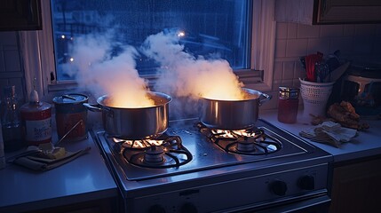 stove with all four burners lit, boiling pots creating steam clouds, dynamic cooking scene in action-filled family kitchen boiling pots, lit burners, gas stove heat, kitchen action, cooking 