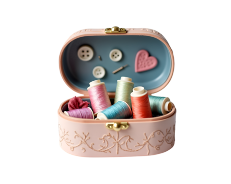 Delightful Sewing Companion, A compact, ornamental sewing box in pastel pink and blue, stocked with threads, buttons, a needle, and a charming heart detail adding warmth and personality