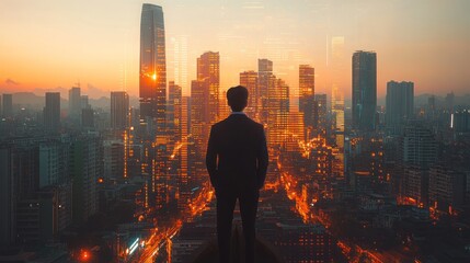 Businessman overlooking cityscape at sunrise