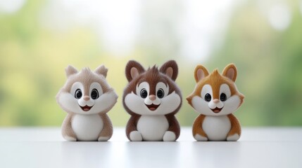 Naklejka premium Three cute chipmunk figurines sit in a row on a white surface against a soft green bokeh background.