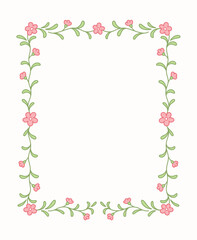 Doodle floral frame with green branches and pink flowers cute rustic vector illustration