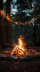 Campfire in forest with string lights, rocks, and tall trees