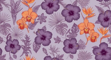 Tropical Floral Pattern Background: Purple Hibiscus Flowers Orange Orchids Bird of Paradise Seamless Design