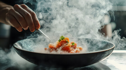 Culinary artistry with Vaporous Flair: An anonymous chef delicately garnishes a meticulously arranged dish of gourmet cuisine, surrounded by a cloud of vapor, embodying the cutting edge of gastronomy