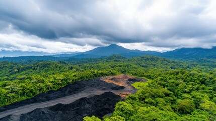 Fototapeta premium Rare Earth Sustainable Concept, Lush Green Forest Preserved Environmentally in Aerial View with Dark Soil Patches and Dramatic Cloudy Sky