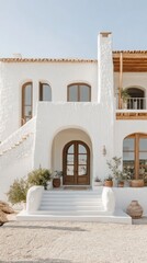 Naklejka premium Elegant white villa with wooden accents under clear blue skies. Featuring arched windows and stone steps. Plants and natural light enhance the Mediterranean aesthetic.