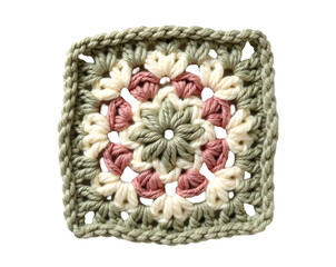 Detailed close up showcases the artistry in a hand stitched crochet granny square, highlighting the texture, design, and traditional craft technique