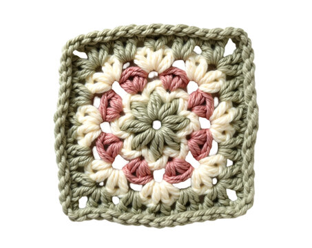 Detailed close up showcases the artistry in a hand stitched crochet granny square, highlighting the texture, design, and traditional craft technique