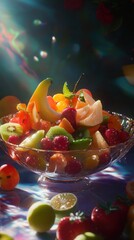 Vibrant fruit salad in glass bowl with colorful background lighting.
