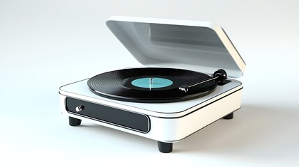 Minimalist white turntable with vinyl record on white background