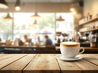 Fototapeta premium Hot Latte Coffee in Cozy Cafe Wooden Table Steam Morning Drink Relaxation