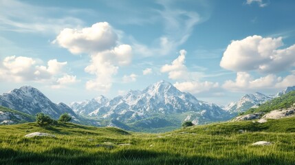 Fototapeta premium a grassy field with mountains in the background and clouds in the sky above it