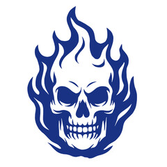 Flaming Skull Vector Illustration in Blue on White Background