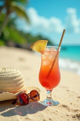 Straw hat, sunglasses, exotic cocktail on beach sand , fruit, summer, ocean view