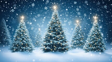 Magical winter scene with decorated Christmas trees and falling snow. Festive holiday background.