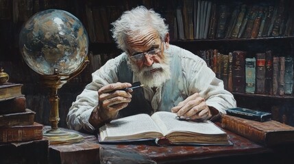 Aged scholar engrossed in study