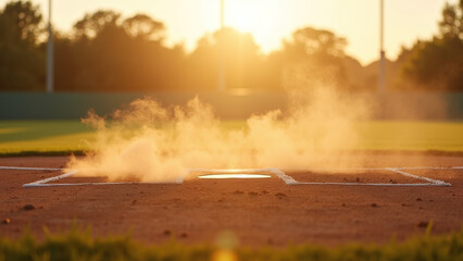 Baseball Home Plate with Dust Cloud at Sunset
