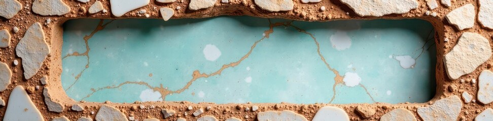 Handcrafted ceramic picture frame, marble debris backdrop, broken, worn, aged