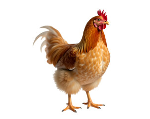 Fototapeta premium Detailed lifelike farm chicken stands upright with golden feathers, red comb, and bright eyes, showcasing its beauty and rustic charm in a captivating portrait