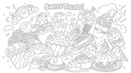 A children's coloring book with croissants, ice cream and cakes