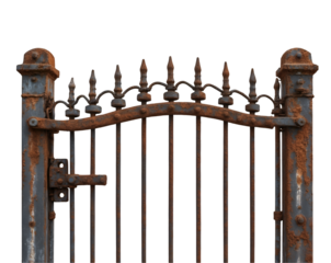 Detailed Image of an Isolated Rusty Iron Gate with Bent Bars, Showing Texture, Corrosion and Weathering for Historical, Industrial or Abandoned Themes