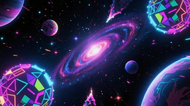 Futuristic galaxy stars pulse to techno beat with neon meteor showers and glowing geometric planets in deep space sci-fi cosmos fantasy scene   background  video Download.