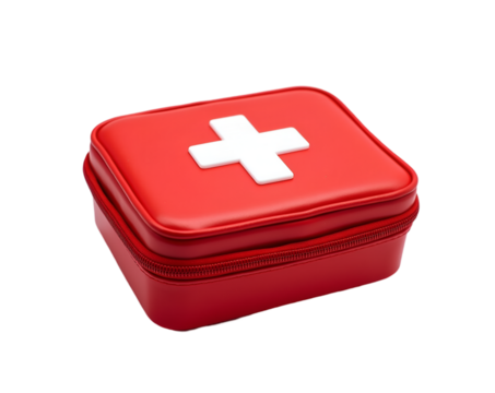 Detailed macro shot of a bright red rectangular first aid kit featuring a white cross, emphasizing healthcare and emergency preparedness with clean lines