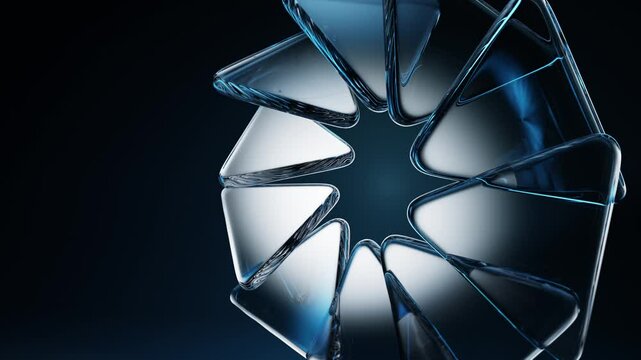 Abstract black background with glass transparent triangle plates in shape of circle render. Crystal ring with light blue gradient and flare 3d animation. Digital graphic design tech banner, wallpaper.