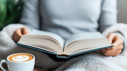 Naklejka premium Reading corner comfort Concept, Cozy Scene of a Person Reading a Book with a Cup of Coffee in a Relaxing Corner