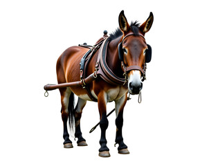 Detailed photograph of a majestic mule with a harness, showcasing the intricate details of the animal and its equipment, highlighting its strength and calm demeanor