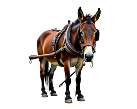 Detailed photograph of a majestic mule with a harness, showcasing the intricate details of the animal and its equipment, highlighting its strength and calm demeanor