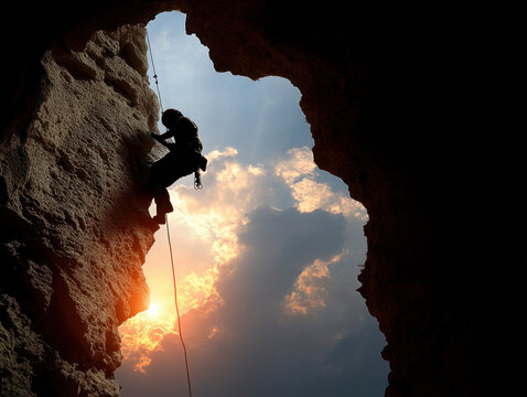 A silhouette of a person abseiling down a cliff