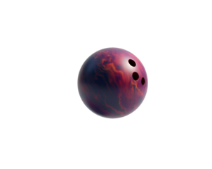 Detailed render of a colorful bowling ball with marble effect, showcasing its smooth surface, finger holes, and dynamic pattern against an simple and clean design