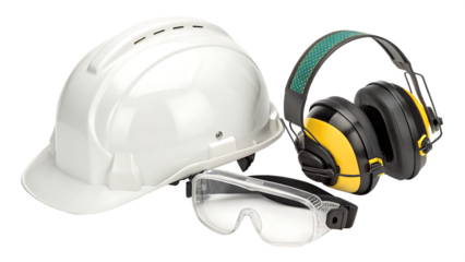  safety equipment helmet goggles ear protection on white background PNG. AI GENERATED