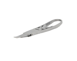 Fototapeta premium Detailed shot of a silver seam ripper tool, revealing its sharp, curved blade and intricate design, essential for precise fabric work and sewing projects