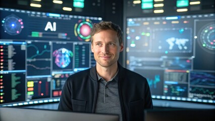 Professional data analyst working in a high-tech control room with AI dashboard display