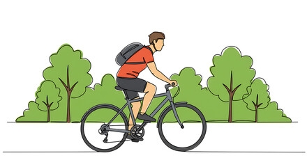 Naklejka premium Single continuous line drawing of a Man pushing his bicycle in the park. Dynamic single-line draw design graphic vector illustration.
