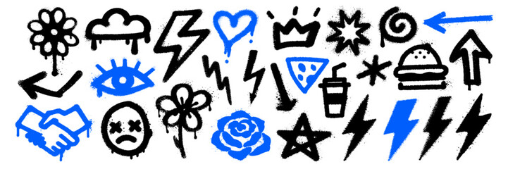 Set of blue and black graffiti icons including food, arrows, eyes, stars  in sprayed style. © Teodora ART