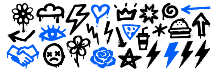 Fototapeten Graffiti Set of blue and black graffiti icons including food, arrows, eyes, stars  in sprayed style.  © Teodora ART