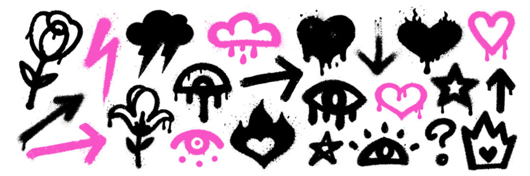 Grunge hand-drawn black and pink graffiti icons including hearts, eyes, arrows, and symbols in spray paint style.