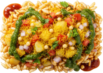 Delicious Indian Street Food Bhel Puri Crispy Puffed Rice Potatoes Sev and Chutney