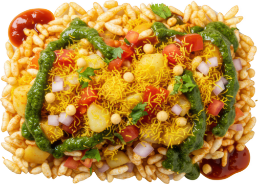 Delicious Indian Street Food Bhel Puri Crispy Puffed Rice Potatoes Sev and Chutney