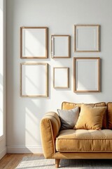 Set of various sized wooden frames against minimalist wall, plush furniture, decor, interior design