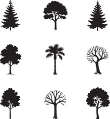 Fototapeta premium Minimal tree vector silhouettes, oa,k pine, palm, bonsa,i bus,h sketch 