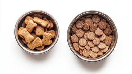 Two bowls of dog food, one with a bone shaped biscuit