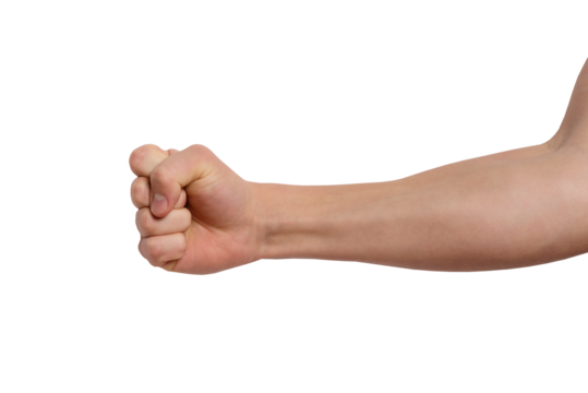 Male hand raised fist, clenched gesture. PNG isolated on transparent background. symbol of solidarity, support, greeting, expressing unity, strength, aggression, entreaty