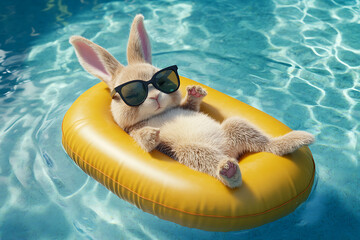 A relaxed bunny wearing sunglasses floats on a yellow inflatable in a shimmering pool, enjoying summer